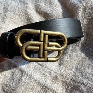 Balenciaga Black leather Belt with Gold Buckle